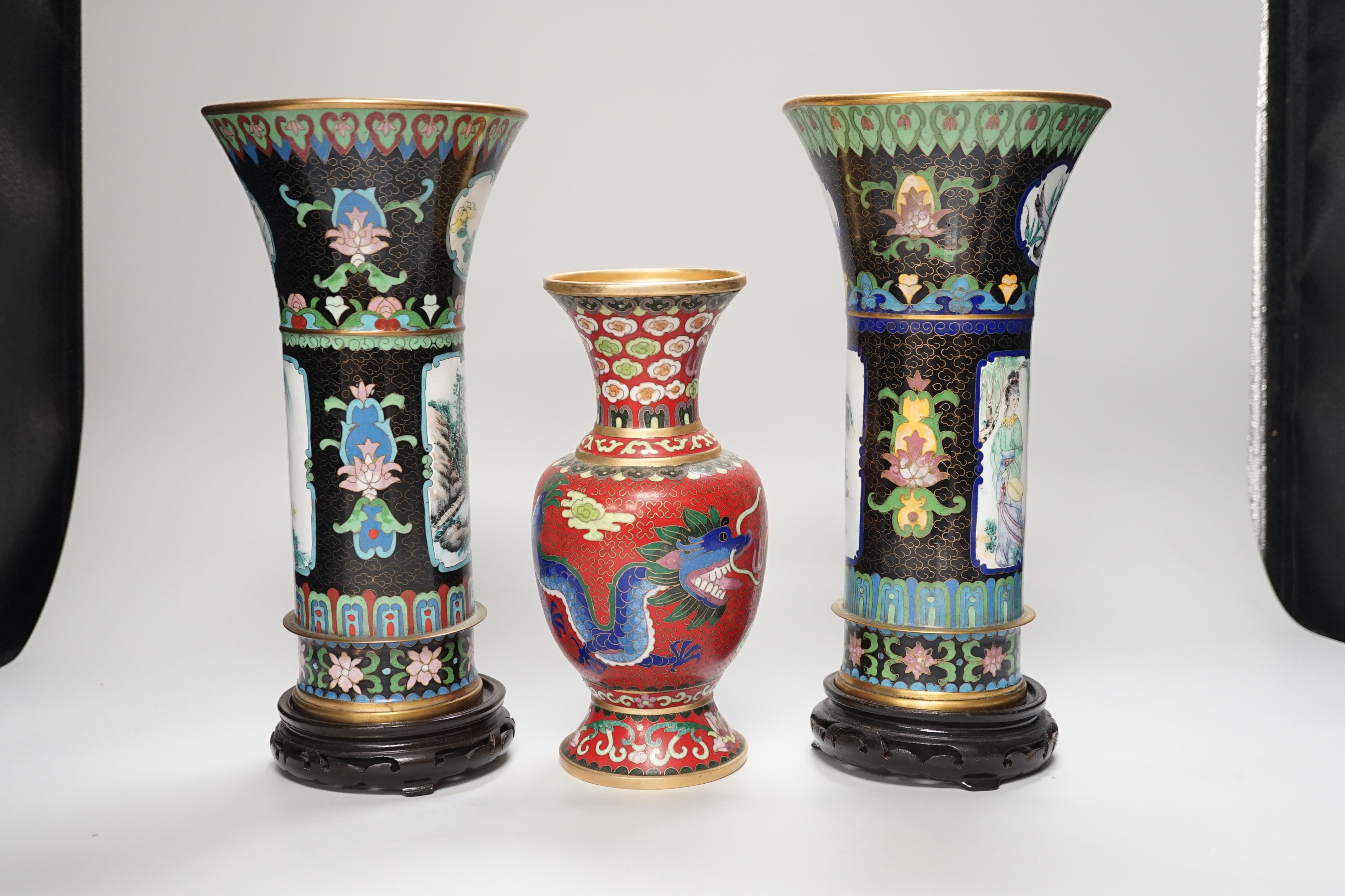 A pair of Chinese cloisonné enamel beaker vases and a dragon vase, pair of vases 27cm